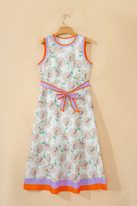 Floral Print Colour Block Belted Maxi Dress Sleeveless Side Pockets