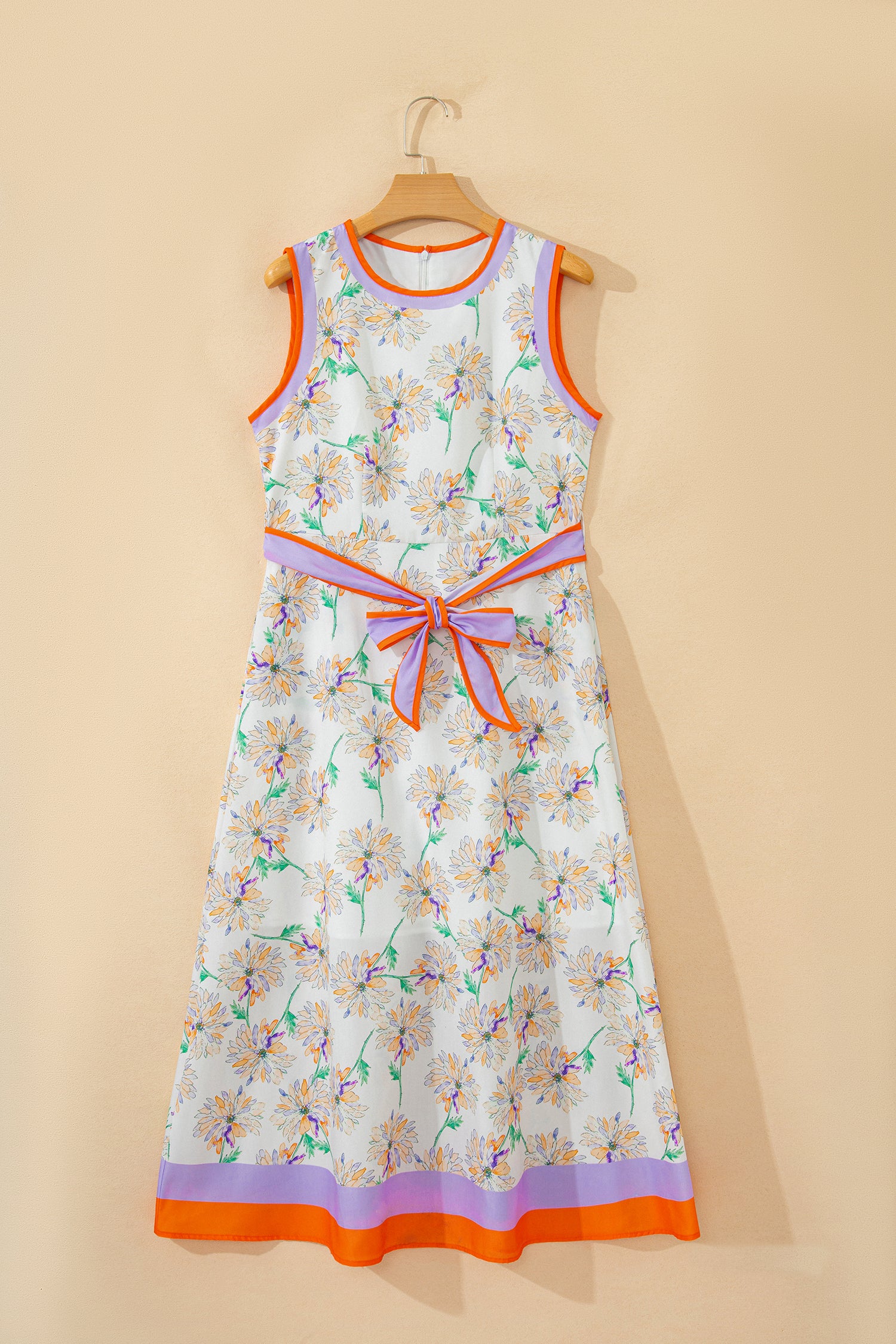 Floral Print Colour Block Belted Maxi Dress Sleeveless Side Pockets