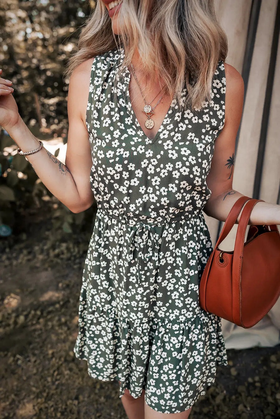 Green Boho Floral V Neck Sleeveless Tunic Dress Women UK
