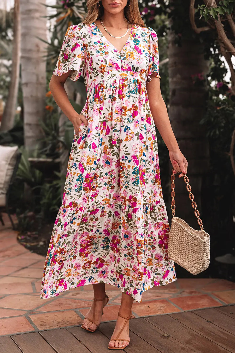 Red Floral Short Sleeve V Neck High Waist Maxi Dress Women UK
