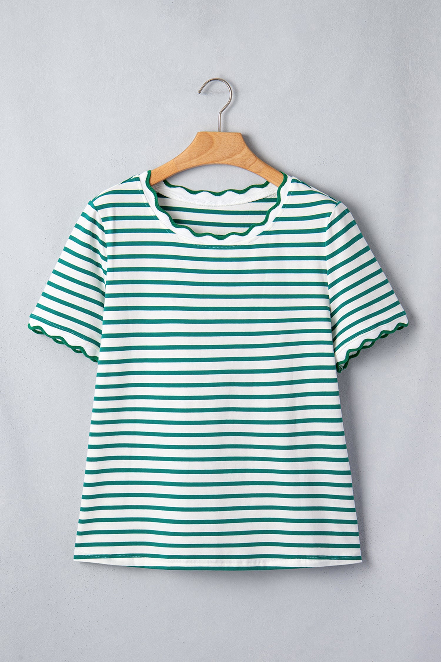 Scalloped Trim Stripe Cotton T-Shirt Round Neck Short Sleeve
