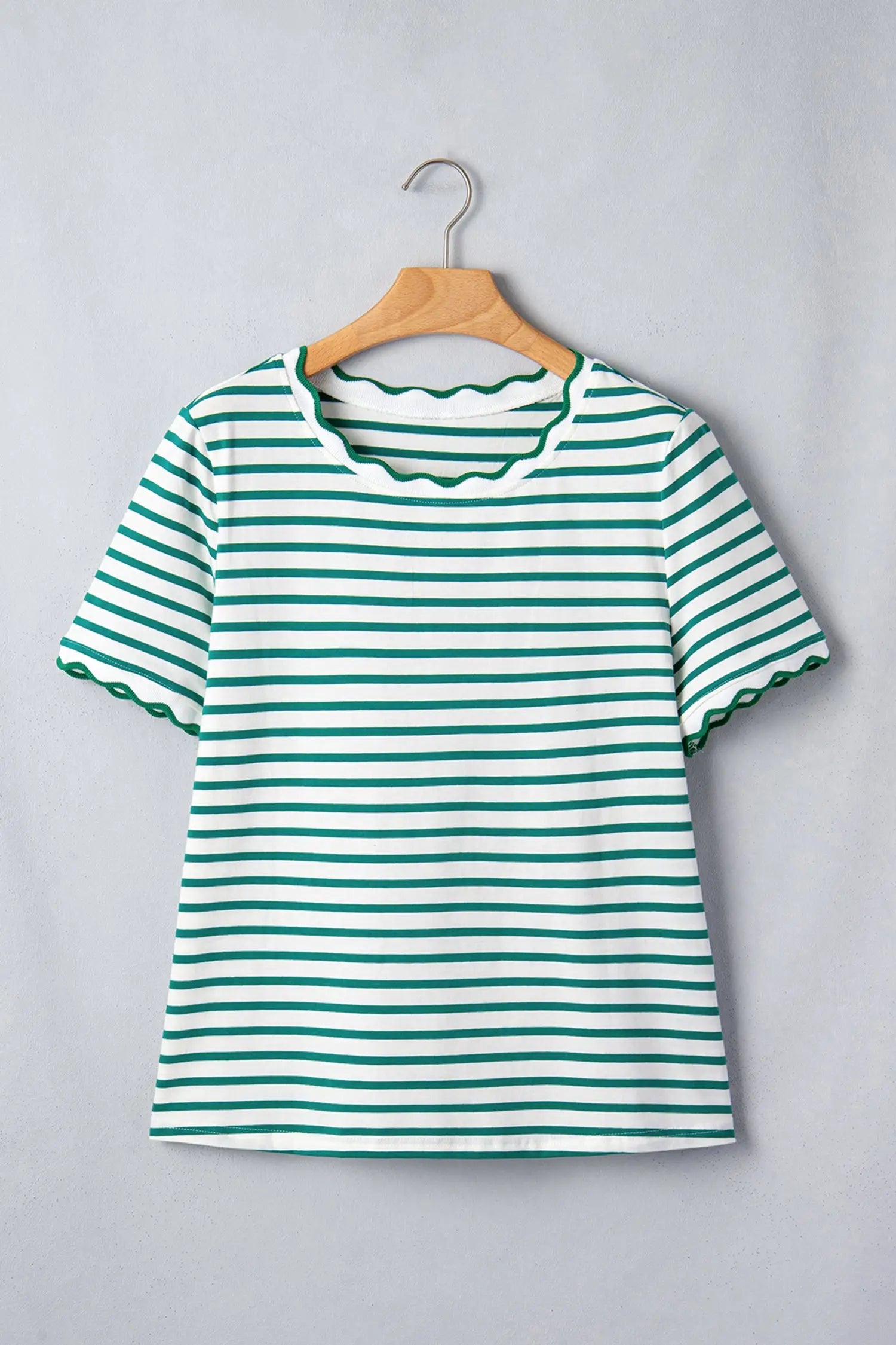Scalloped trim stripe cotton t-shirt round neck short sleeve t-shirts
