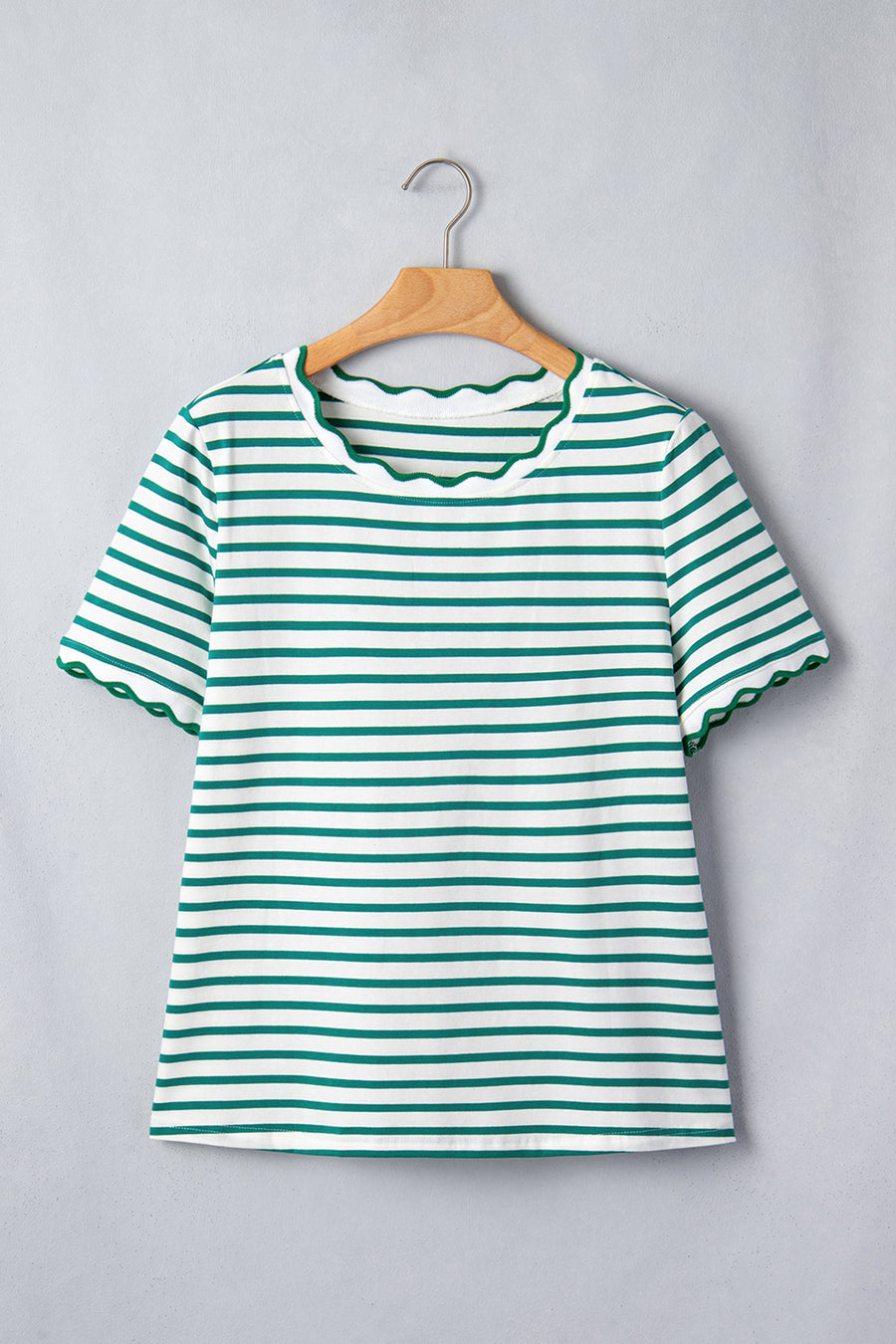 Scalloped Trim Stripe Cotton T-Shirt Round Neck Short Sleeve — close-up detail | Fashionfitz UK