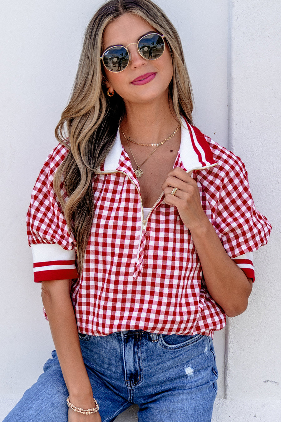 Gingham Striped Patchwork Half-Zip Blouse Women UK