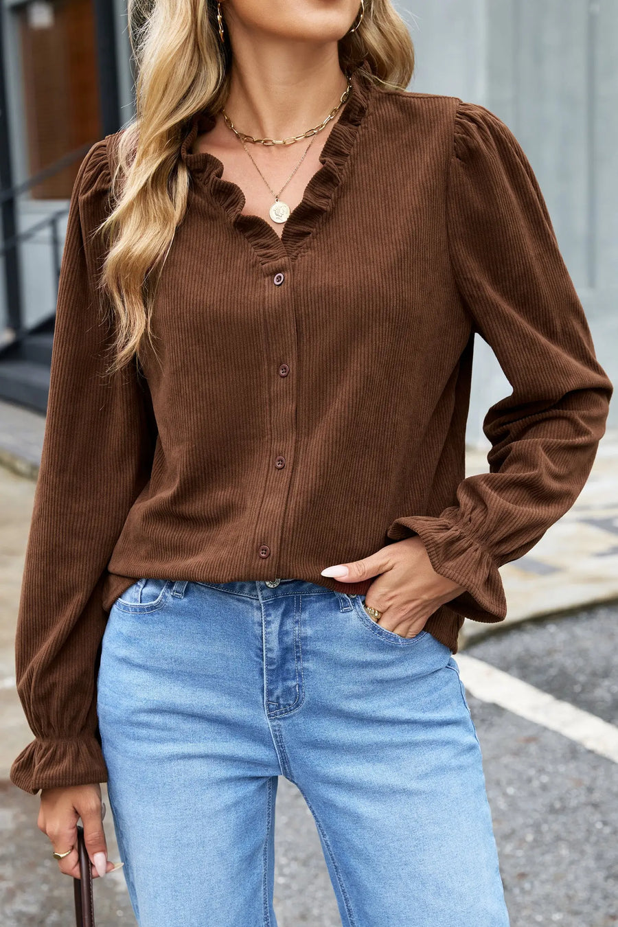 Ruffle Trim V-Neck Corduroy Shacket