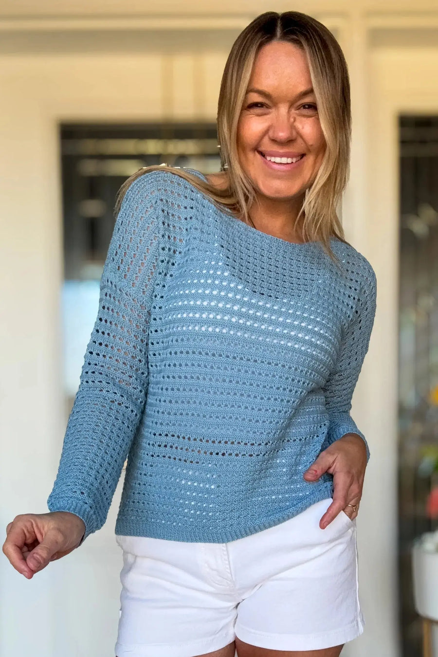 Long sleeve boho crochet knit sweater — relaxed fit, back view