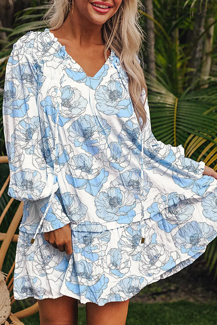 Sky Blue Floral Tie Neck Long Sleeve Flowy Mini Dress Women UK — close-up detail