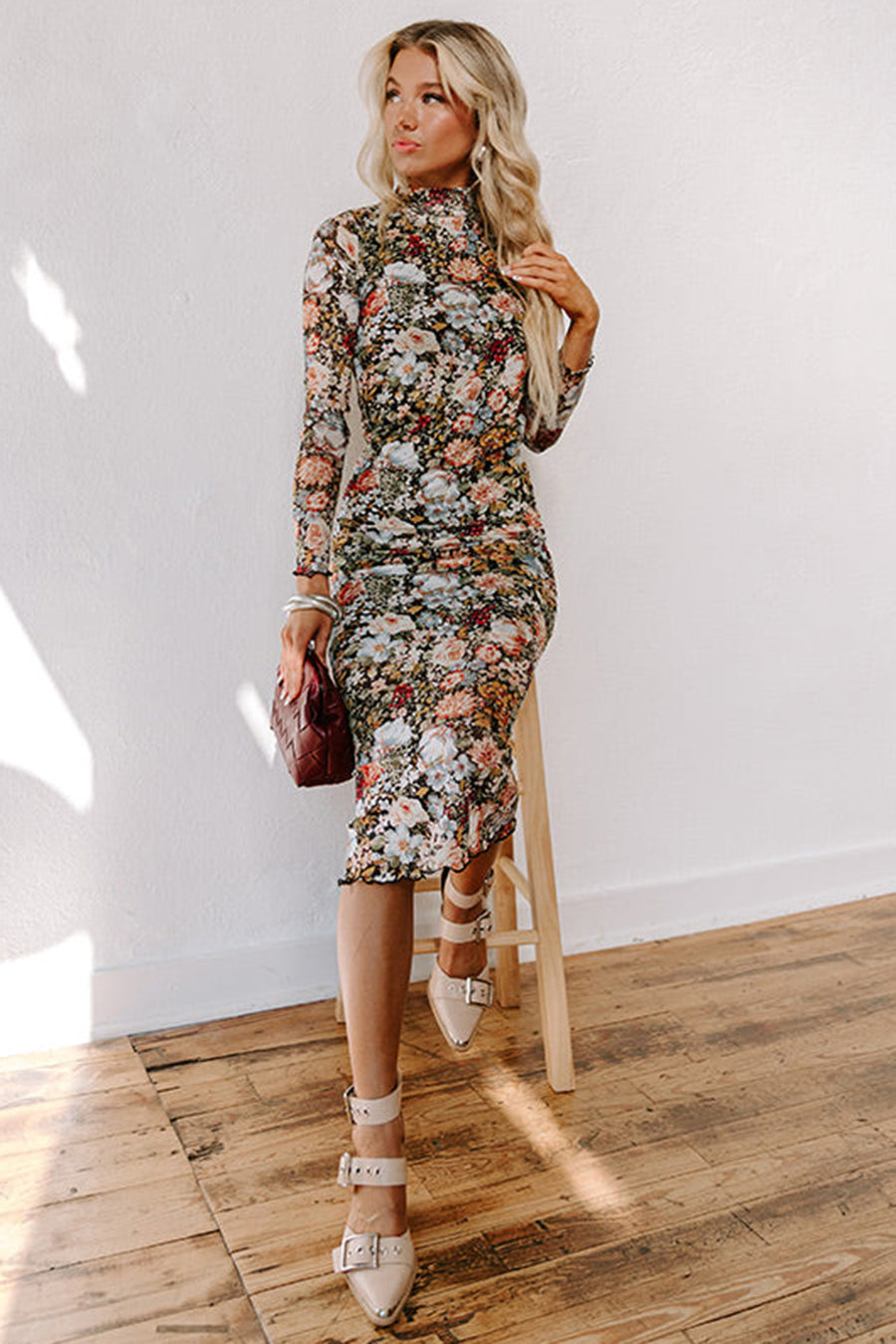 Floral Allover Print Mock Neck Bodycon Long Sleeve Midi Dress UK