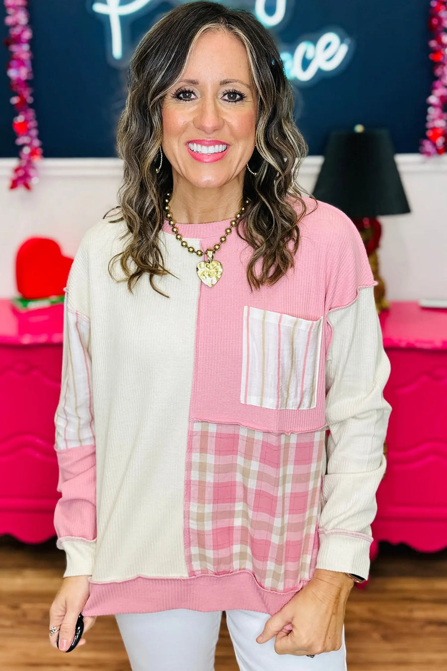 Pink Colourblock Plaid Panel Long Sleeve Plus Size Blouse — full length view on model | Fashionfitz UK