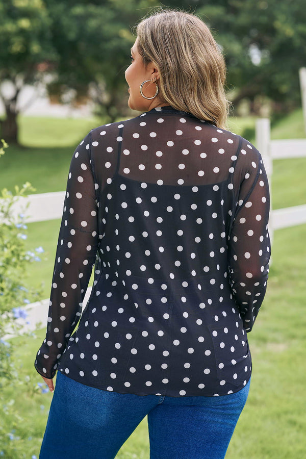 Back view of mock neck polka dot long sleeve mesh plus size top
