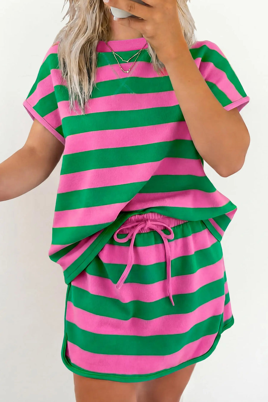 Yellow Stripe Dolman Tee & Drawstring Skort Athletic Set Women UK — angled third option | Fashionfitz UK