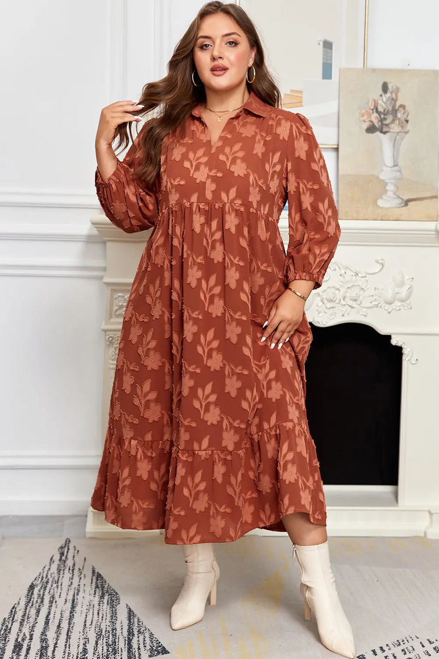Cinnamon Plus Size 3D Flower Ruffle Hem 3/4 Sleeve Long Dress Women UK