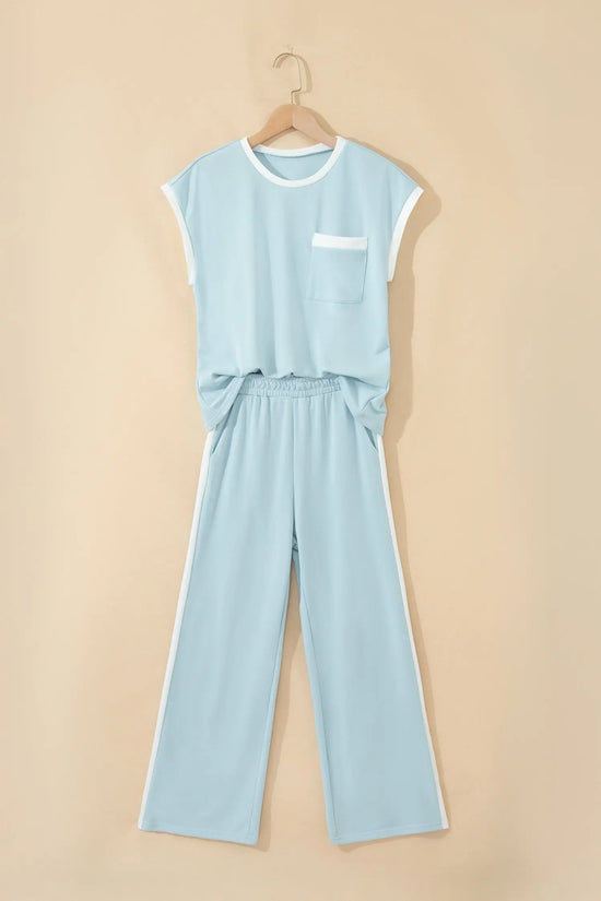 Mist blue contrast trim boxy tank top wide leg pant set pockets outfit sets