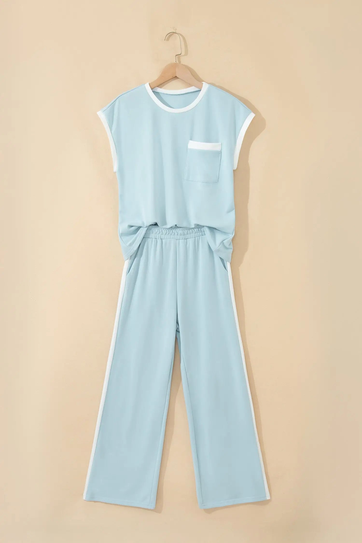 Mist blue contrast trim boxy tank top wide leg pant set pockets outfit sets