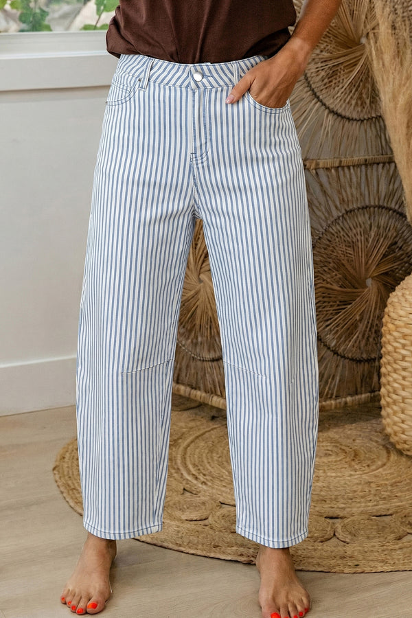 Stripe High Waist Barrel Leg Casual Jeans Women UK