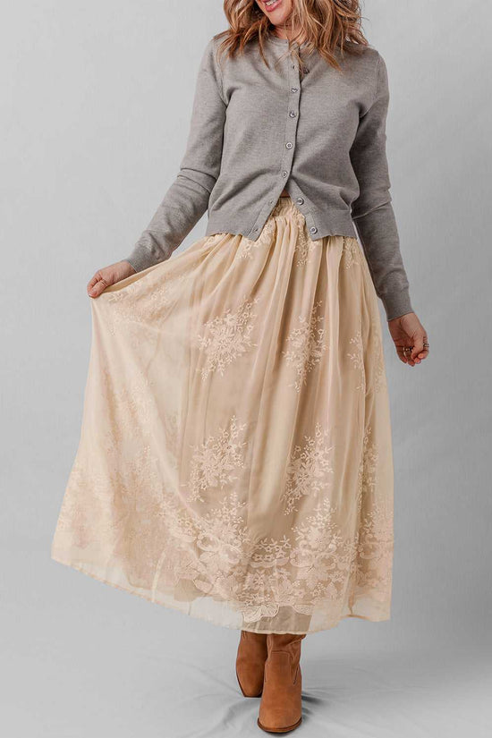 Embroidered Mesh Overlay Flowy Skirt