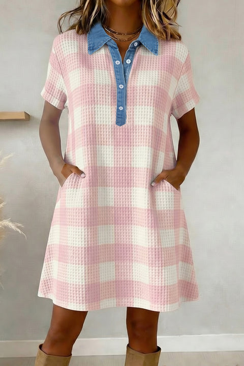 Waffle Plaid Denim Collar Buttoned Mini Dress Women UK