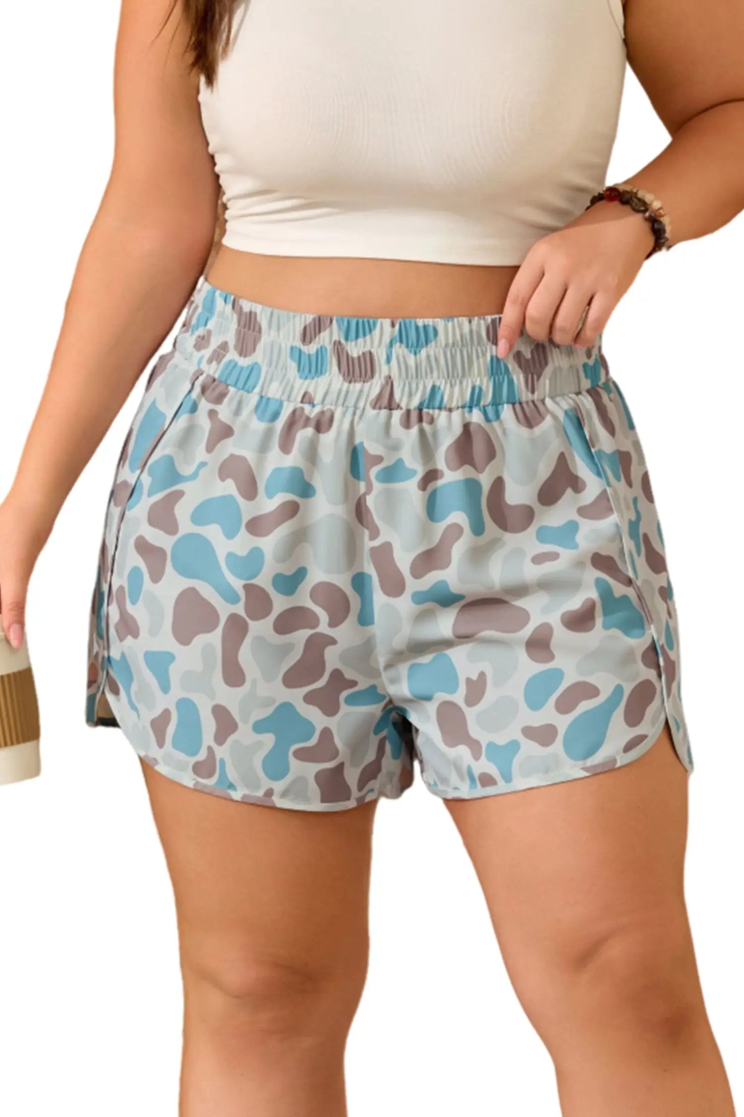 Plus size camouflage print athleisure shorts smocked high waist pull-on