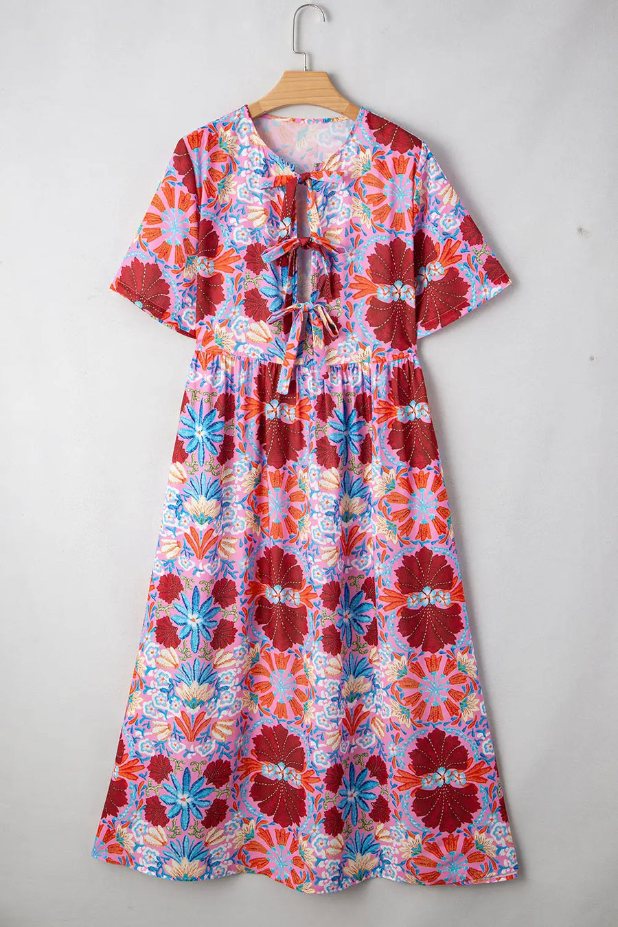Rose Floral Tied Front High Waist Short Sleeve Maxi Dress Women UK