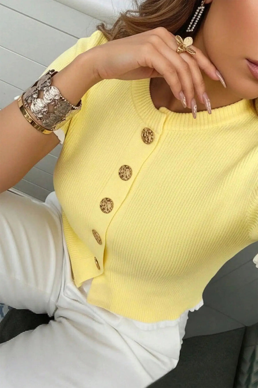 Ribbed Knit Contrast Frilled Short Sleeve Cardigan Women UK — close-up detail | Fashionfitz UK