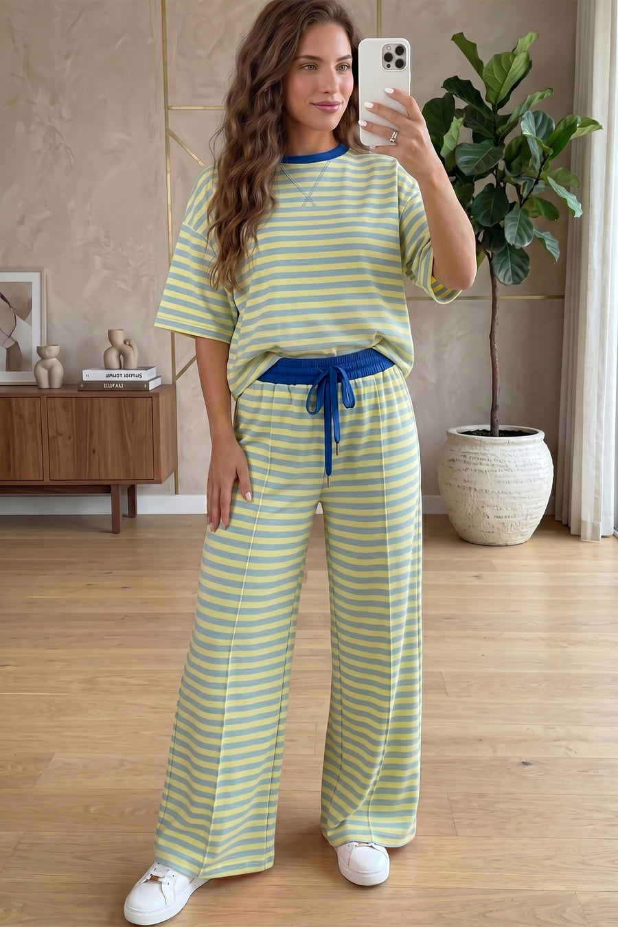 Pink Stripe Colourblock Crew Neck Tee & Drawstring Pant Set