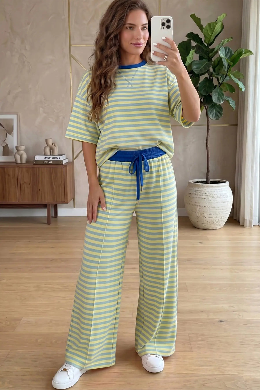 Pink Stripe Colourblock Crew Neck Tee & Drawstring Pant Set — close-up detail | Fashionfitz UK