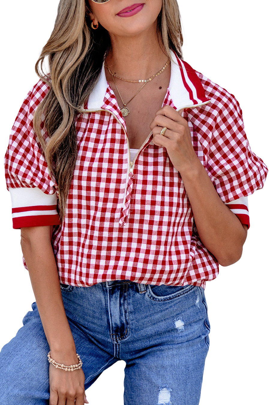 Gingham Striped Patchwork Half-Zip Blouse Women UK