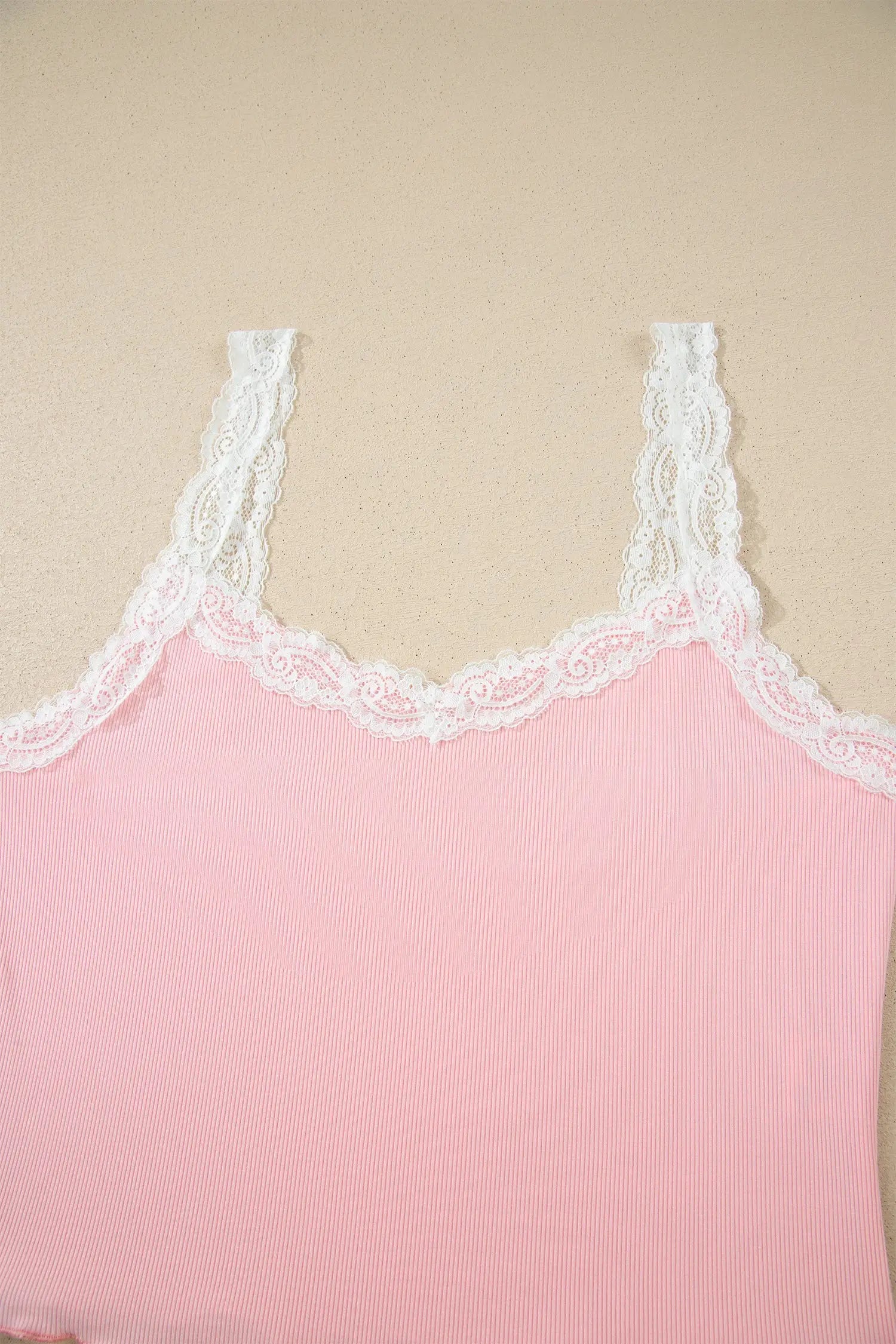 Pink ribbed knit lace straps patchwork lettuce hem cropped top floral short lounge set