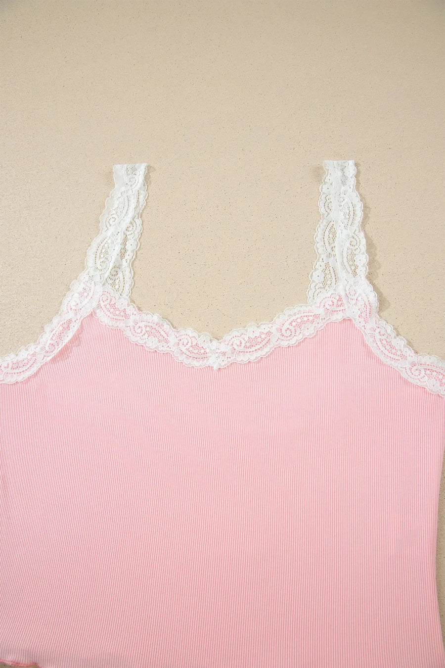 Pink ribbed knit lace straps patchwork lettuce hem cropped top floral short lounge set