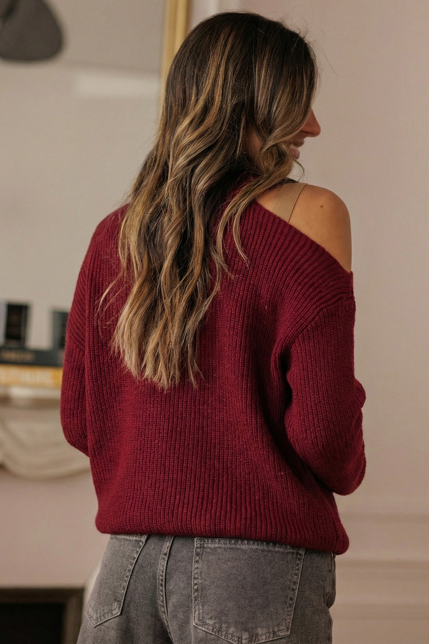 Burgundy Lace Bow Sweater | Asymmetric Off Shoulder Jumper