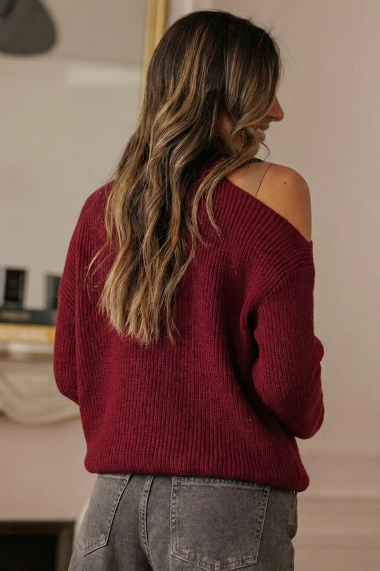 Burgundy lace bow sweater | asymmetric off shoulder jumper sweaters