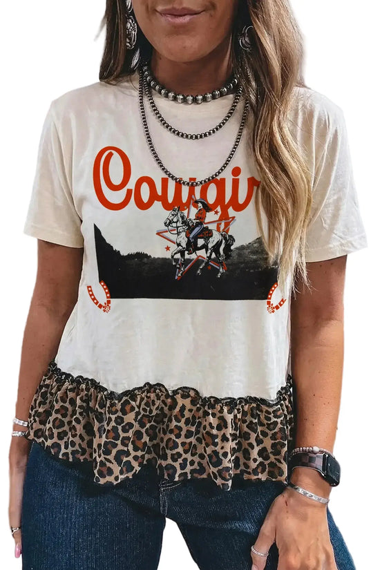 Retro western cowgirl print leopard ruffle hem patchwork t-shirt t-shirts