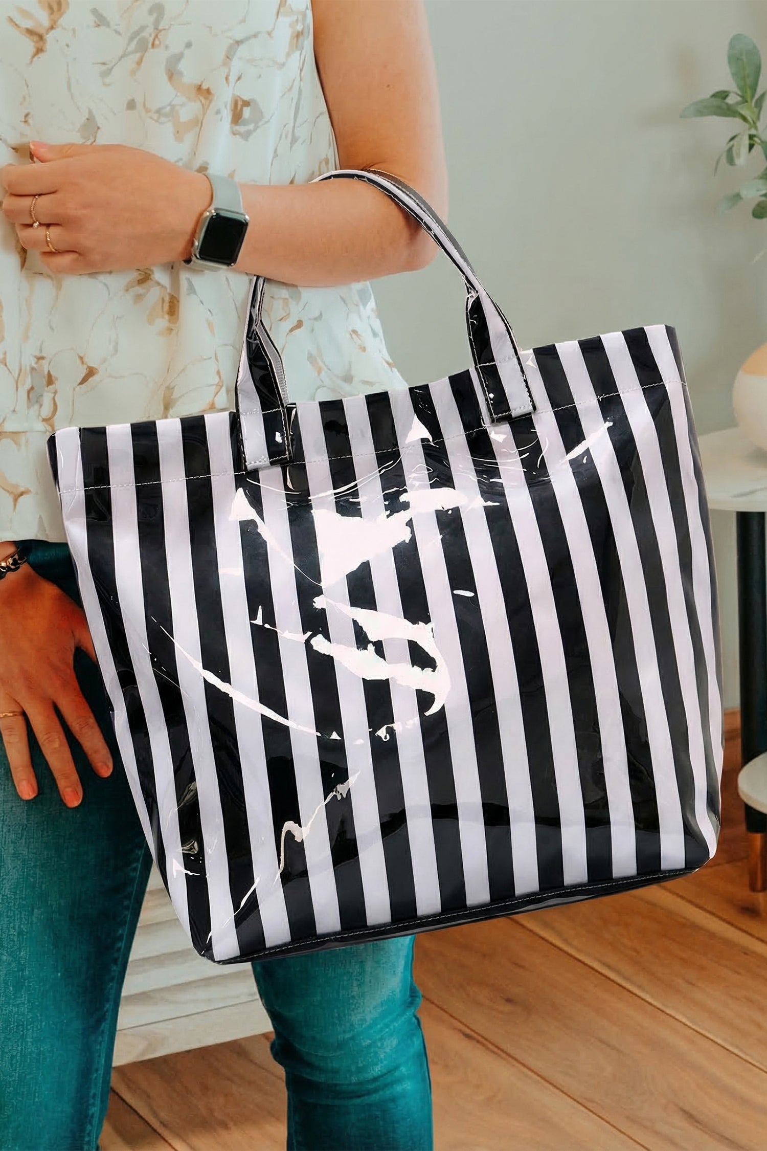 Rainbow Glossy Striped Vinyl Large Tote Bag Women UK