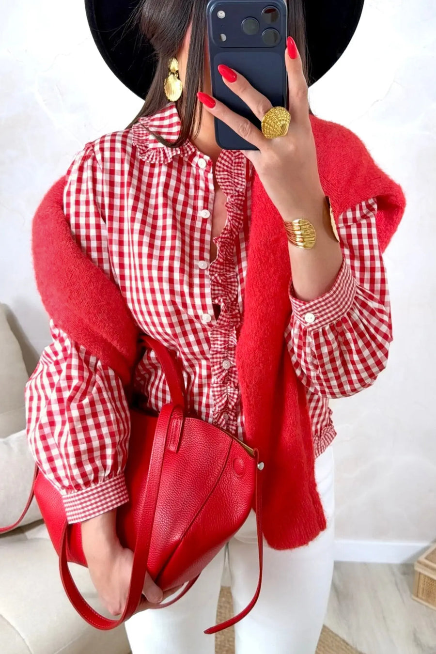 Frill placket detail close-up on red plaid long sleeve shirt — Fashionfitz UK