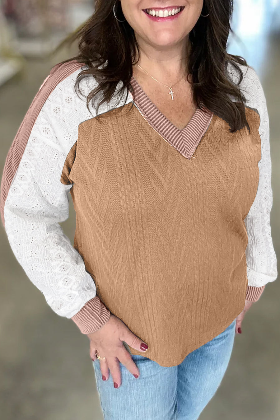 V Neck Lace Sleeve Patchwork Plus Size Blouse Women UK