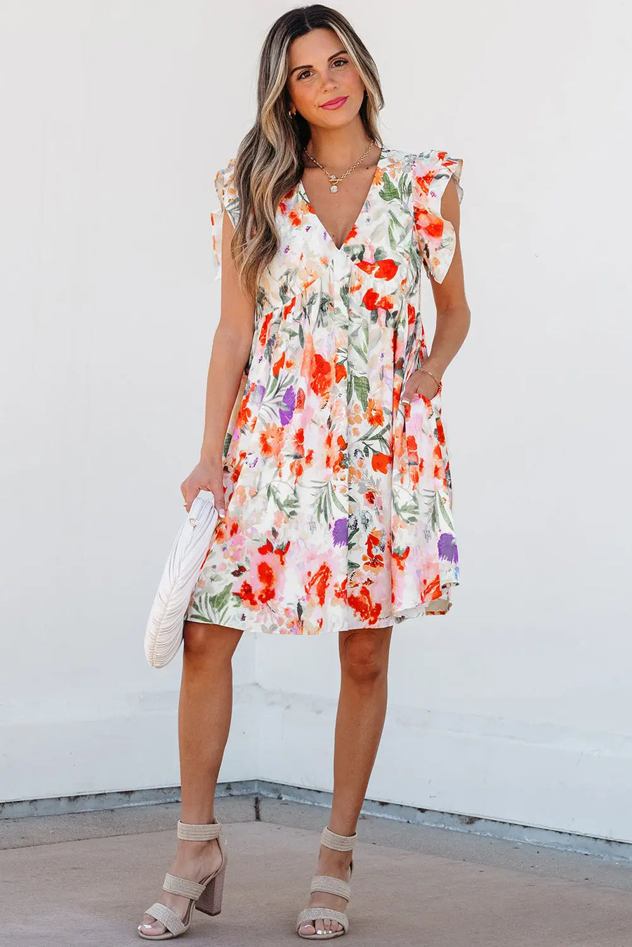 Pink Floral Double Ruffle Sleeve V Neck High Waist Mini Dress Women UK — full length