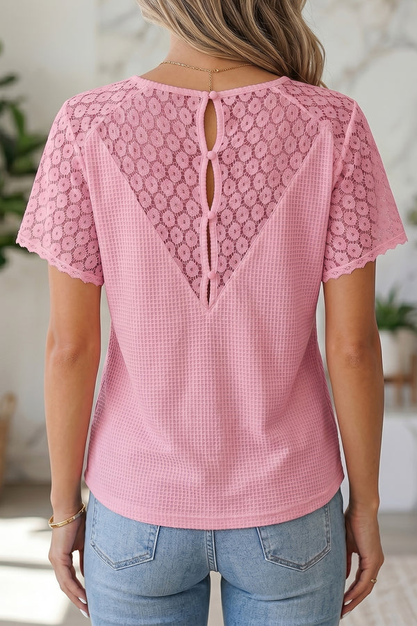 Waffle knit blouse women UK — lace splicing detail close-up, side view