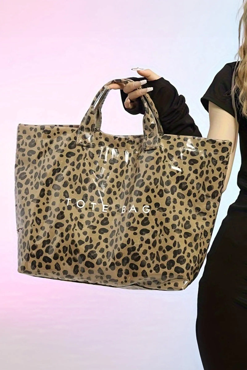 Women's leopard waterproof tote bag side view casual
