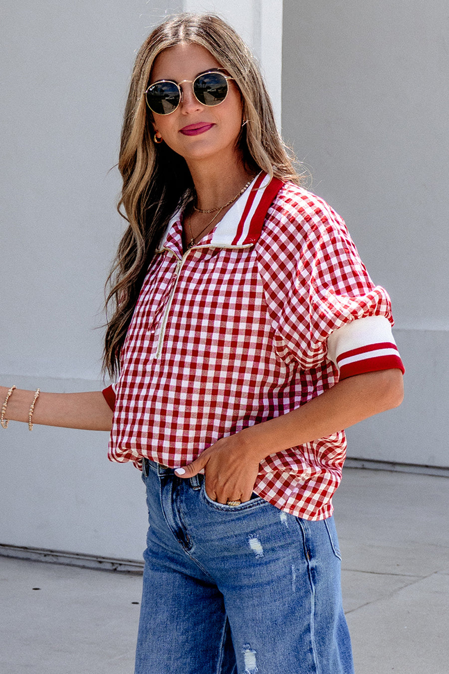 Gingham Striped Patchwork Half-Zip Blouse Women UK