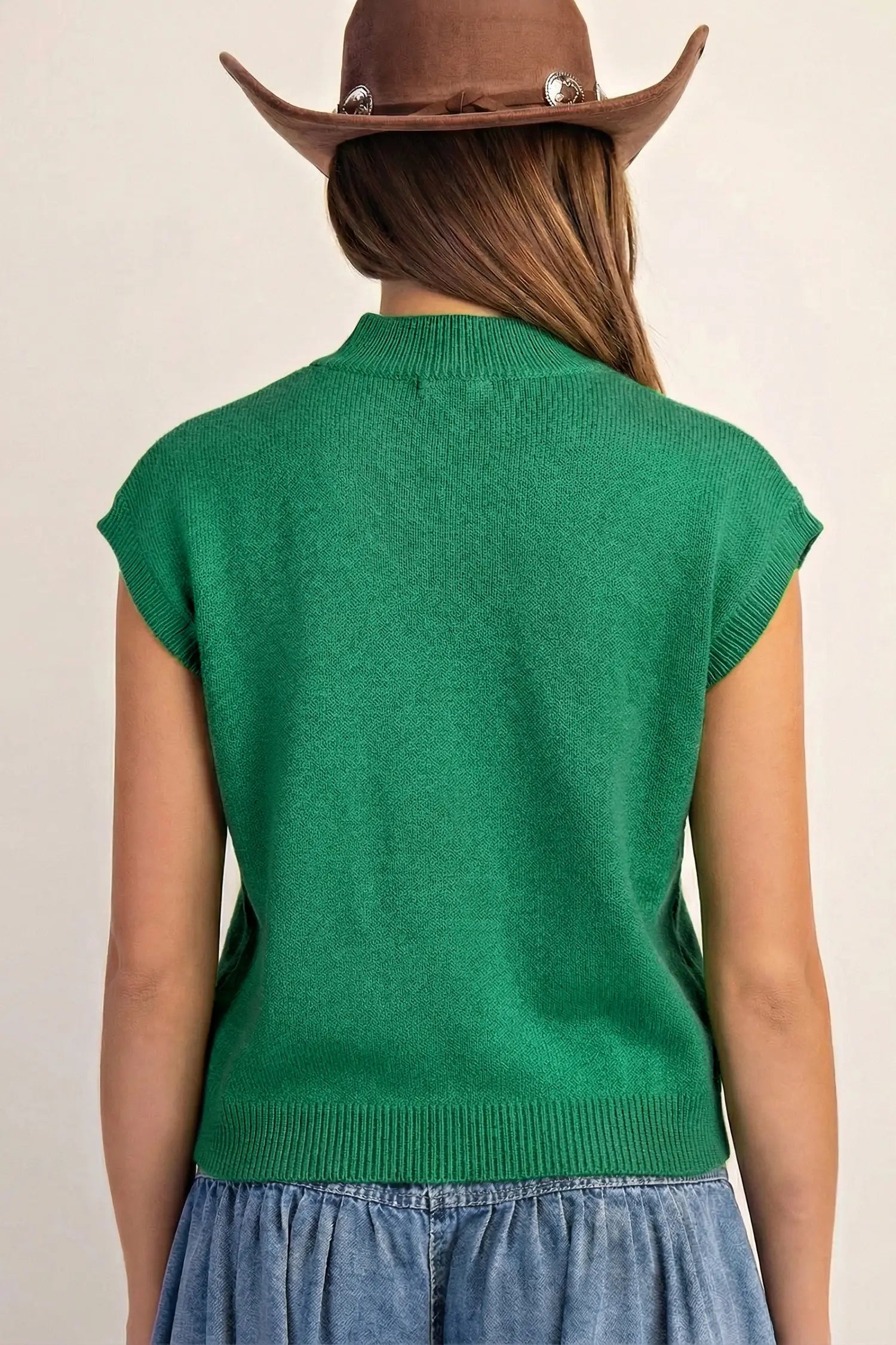 Corded horseshoe western sweater ribbed mock neck short sleeve loose knit sweaters