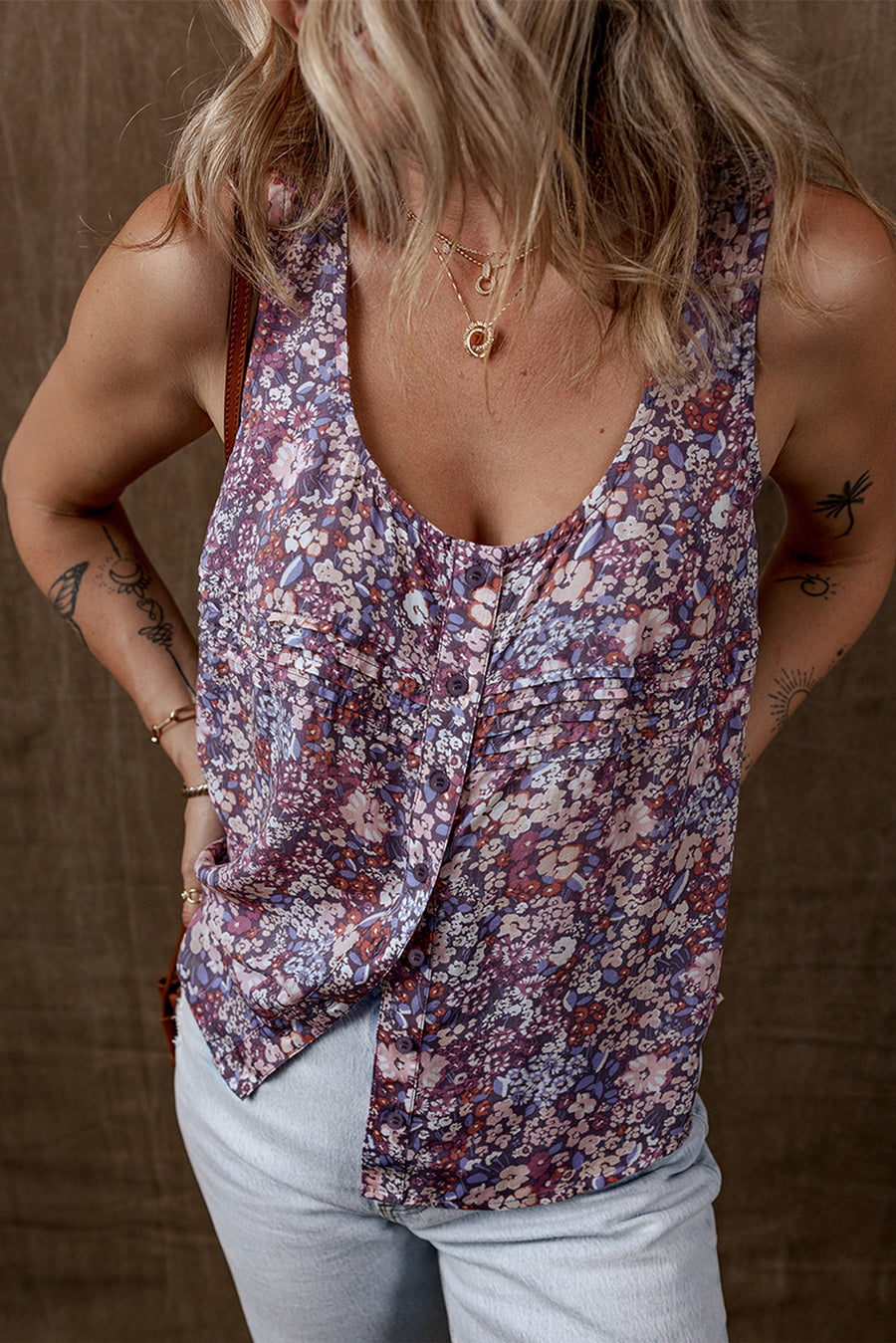 Yellow Boho Floral Pleated Buttoned Front Tank Top