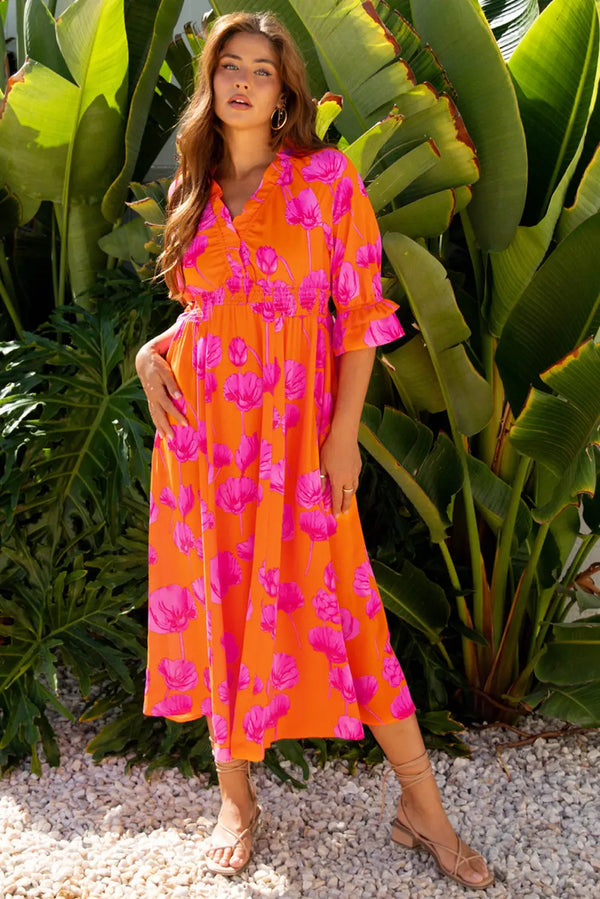 Orange Floral Frilly Smocked V Neck 3/4 Sleeve Maxi Dress Women UK — front view