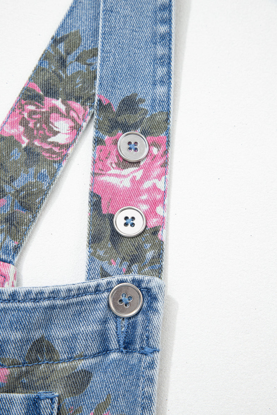 Floral Print Denim Shortalls Adjustable Straps Pockets Relaxed Fit