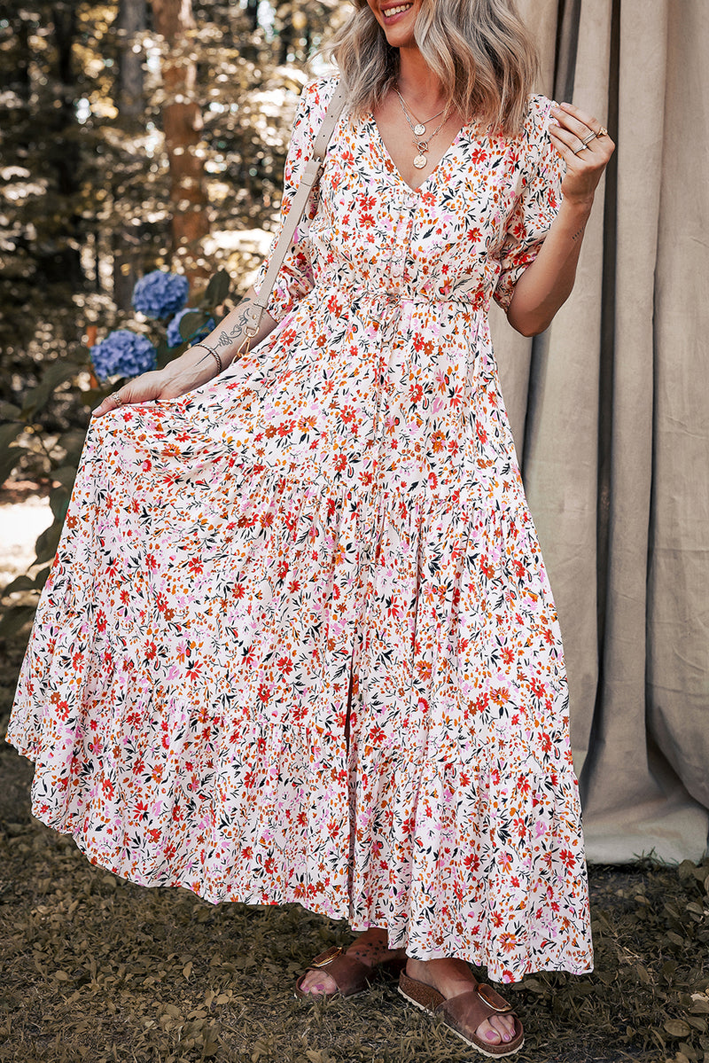 Red Boho Half Sleeve Floral V Neck Maxi Dress Women UK