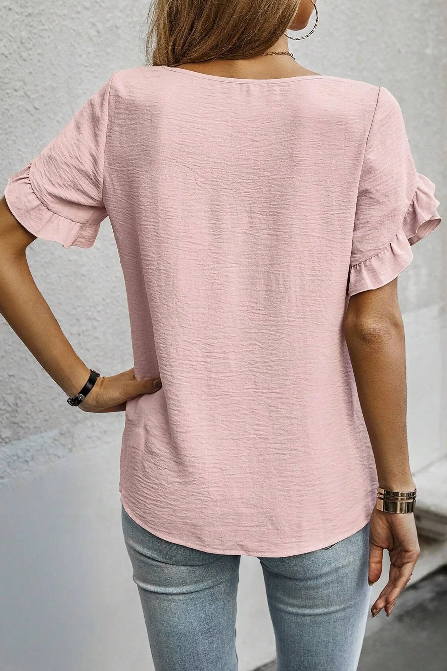 Ruffle trim round neck blouse | fashionfitz