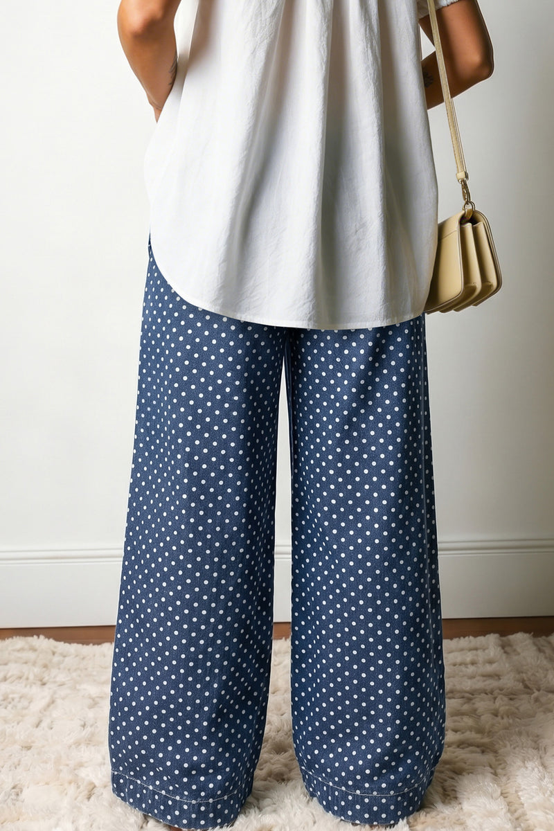 Sky Blue Polka Dot Pleated Wide Leg Jeans Women UK