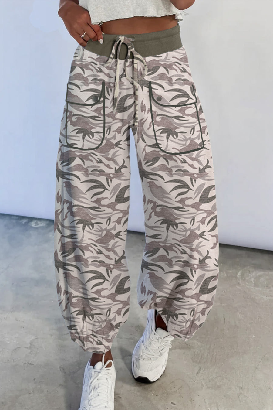 Camo Drawstring Contrast Waistband Cargo Barrel Pants Women UK in Khaki — front view showing barrel leg silhouette — Fashionfitz