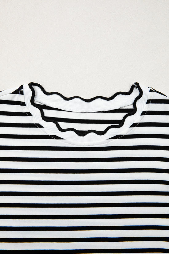 Scalloped Trim Stripe Cotton T-Shirt Round Neck Short Sleeve