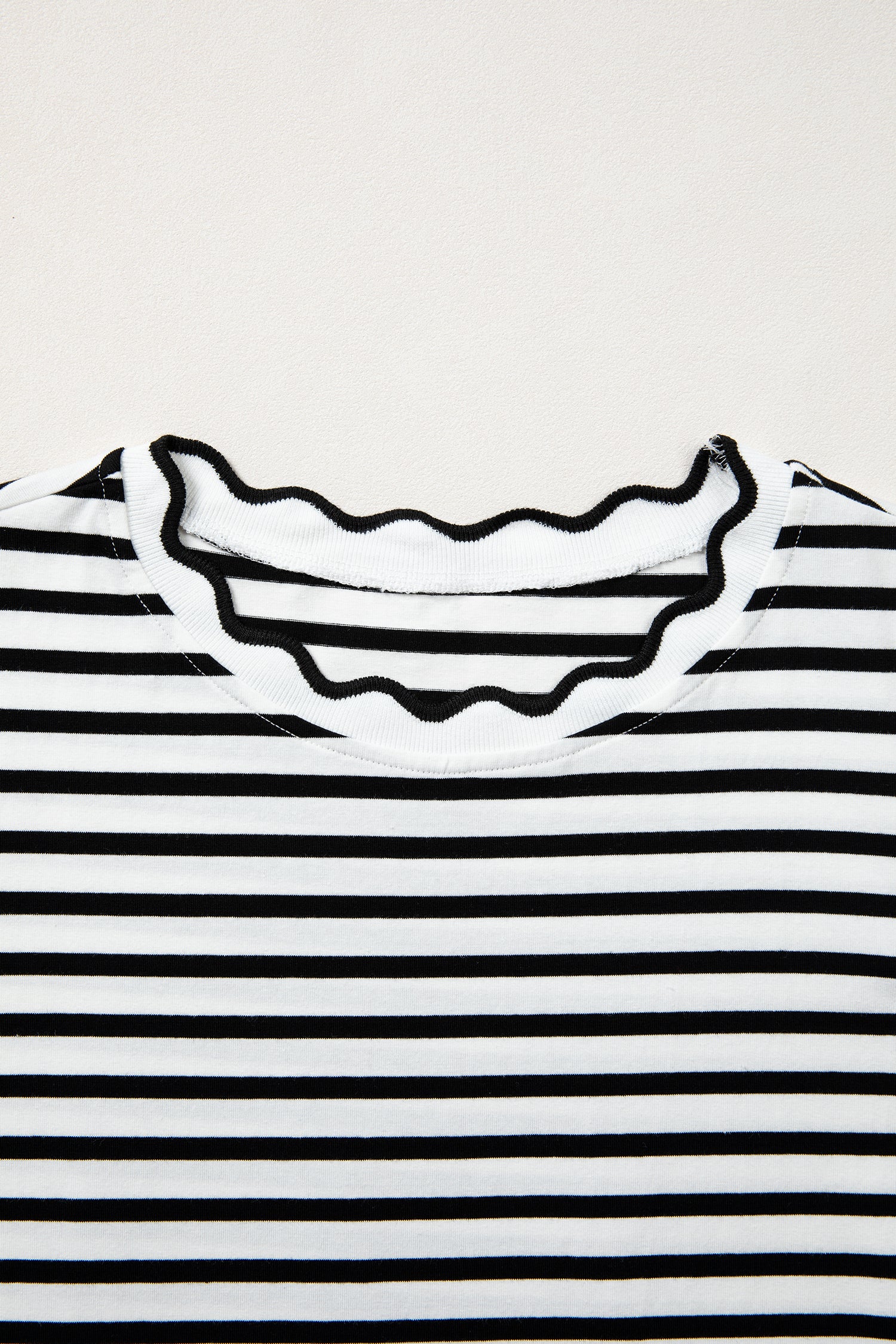 Scalloped Trim Stripe Cotton T-Shirt Round Neck Short Sleeve