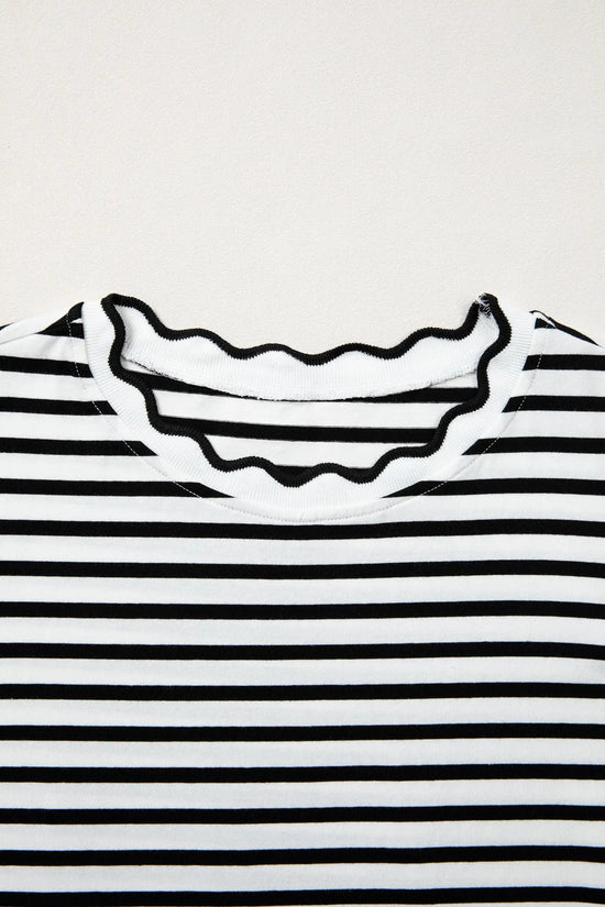 Scalloped trim stripe cotton t-shirt round neck short sleeve t-shirts